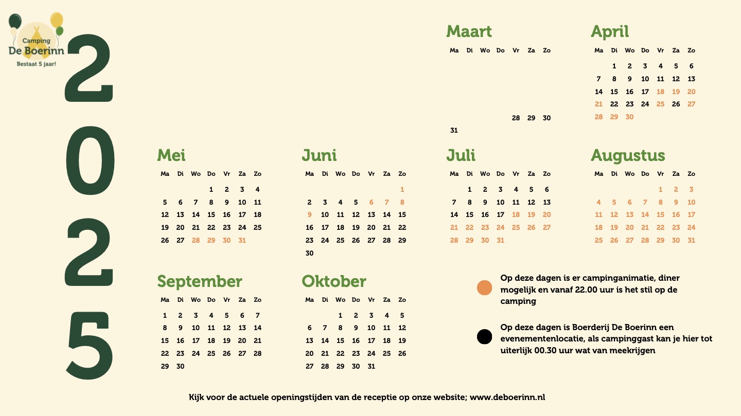 Jaarkalender camping 2025 | Boerderij De Boerinn